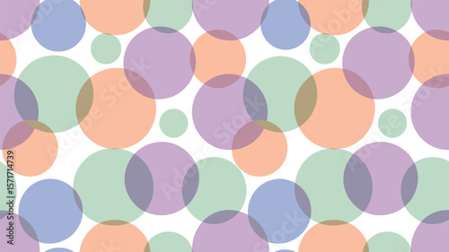 Seamless pattern of overlapping translucent circles in pastel shades on white
