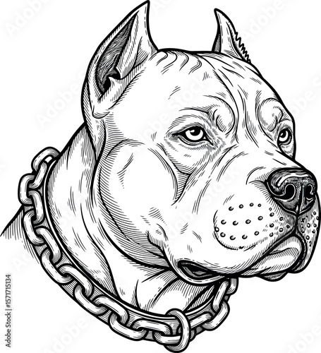 Powerful Pitbull dog head with a chain collar, black and white vector line art illustration.