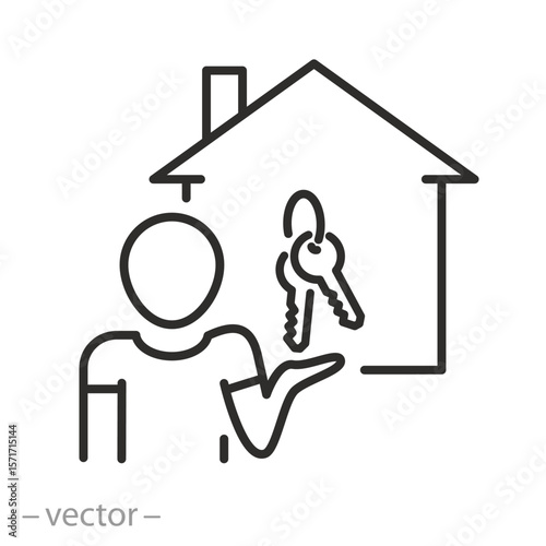 landlord icon, man holding house keys, home owner, real estate owner, home realtor, thin line symbol - editable stroke vector illustration eps10