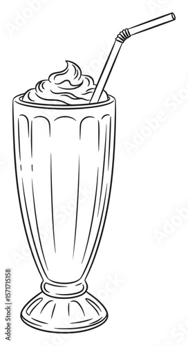 Black and White Line Art Illustration of a Milkshake with Whipped Cream and a Straw
