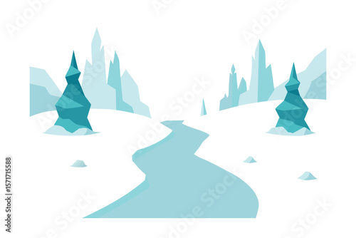 Icy Valley Path With Abstract Rock Forms And Scattered Snow