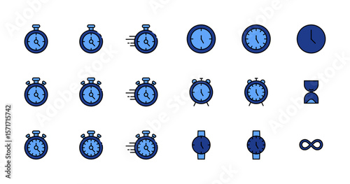 Duotone time icon set in blue on white background, Stopwatch, Clock, Hourglass, Infinity Symbols, Minimal Vector Design for Digital and UI Applications, vector illustration.