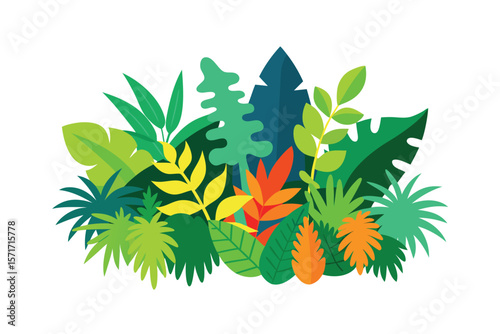 Colorful Rainforest Canopy With Ferns And Monsteras