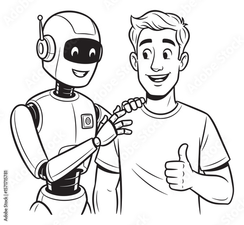 Human and Robot Friendship Black and White Line Art