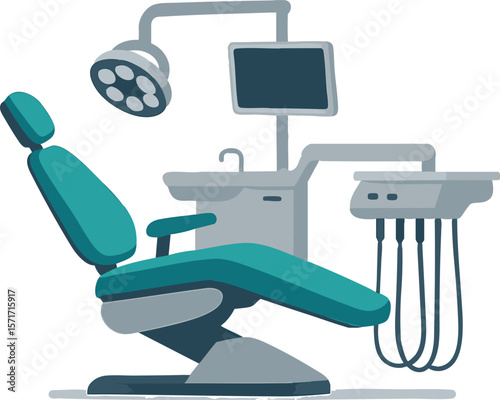 Flat vector dental chair with light, tray, and monitor, modern equipment, isolated on white