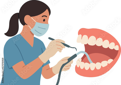 Flat vector dental hygienist cleaning teeth using scaler and suction tube, preventive care scene, isolated on white