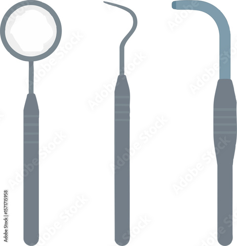 Flat vector dental mirror, probe, and suction tube — main dental tools set, isolated on white
