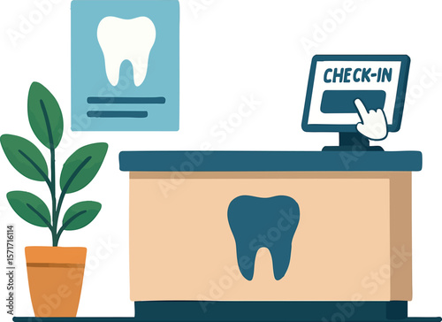 Flat vector dental office reception area with plant, poster, and check-in screen, isolated on white