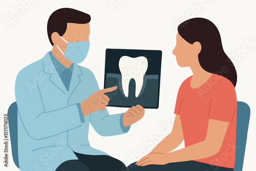 Flat vector dentist reviewing X-ray with patient and explaining issue, consultation moment, isolated on white