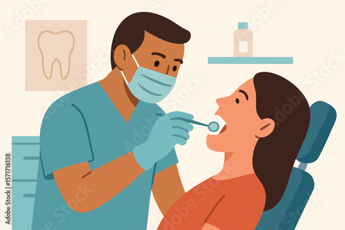 Flat vector dentist with mask and mirror tool examining patient’s teeth, clinical setting, isolated on white