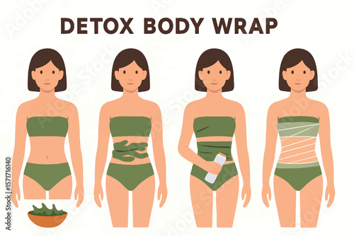 Flat vector detox body wrap with seaweed and plastic film shown step-by-step, isolated on white