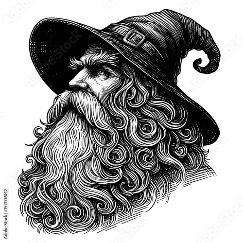 Wizard wearing hat with flowing beard