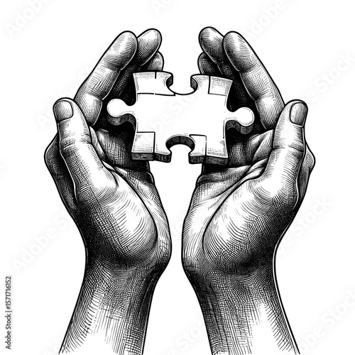 Two hands connecting puzzle pieces in illustration style in black and white, symbolizing unity