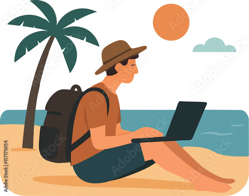Flat vector digital nomad working on laptop at beach, remote work lifestyle trend, isolated on white