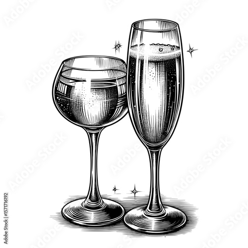 Glasses of wine and champagne in black-and-white style