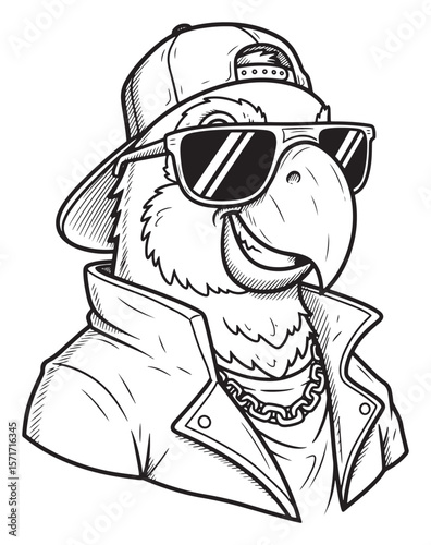 Cartoon Illustration of a Parrot Gangster with a Cap, Sunglasses and Chain Necklace