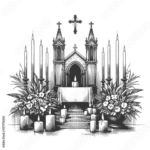 European church altar in black-and-white drawing for ceremony