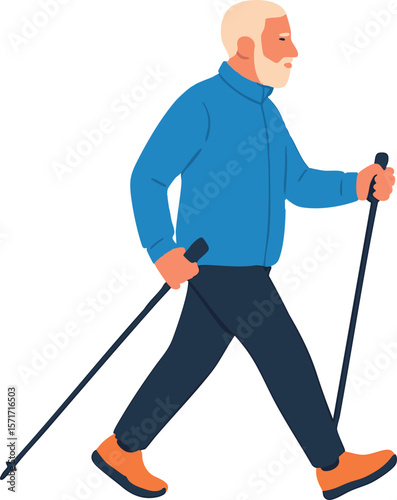 Flat vector elderly man walking with Nordic poles in activewear, isolated on white
