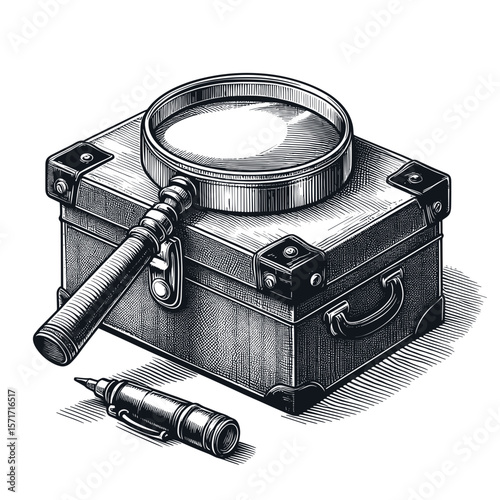 Vintage magnifying glass on suitcase in black and white illustration style