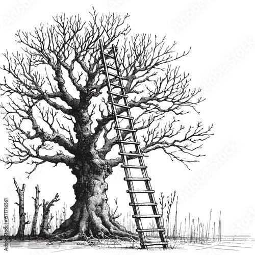 Leaning ladder against old tree in detailed drawing