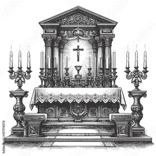 Altar in ornate classic design in black and white for religious ceremonies
