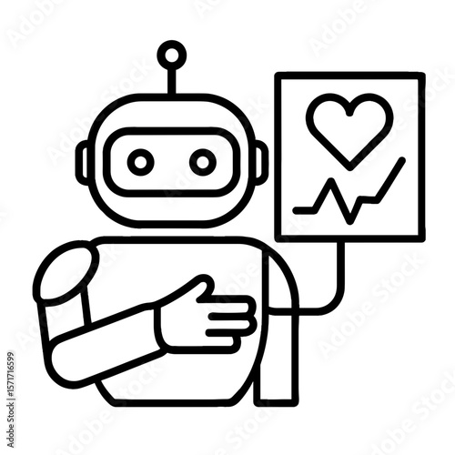 Line icon of AI robot monitoring health indicators with heart rate analytics panel