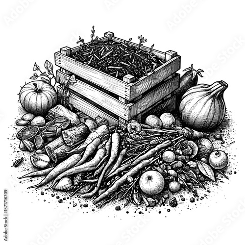 Vegetable illustration in sketch style in black and white for organic farming