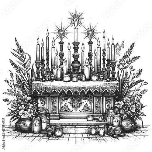 Candle display in black-and-white illustration for altars