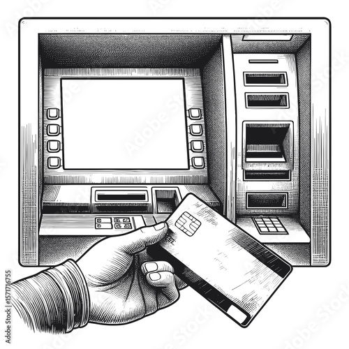 Hand inserting card in ATM in black and white illustration