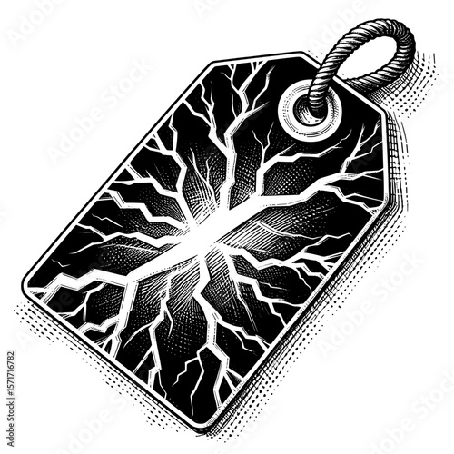 Black and white snowflake tag illustration in detailed style