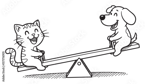 Cartoon Cat and Dog on a See-Saw, Black and White Illustration