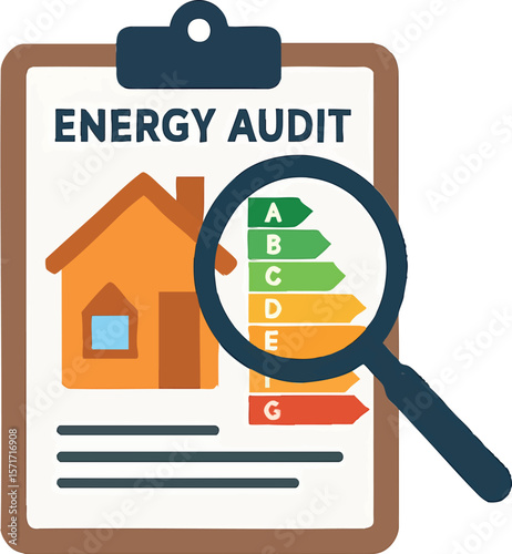 Flat vector energy audit scene with clipboard, magnifying glass and house diagram, isolated on white
