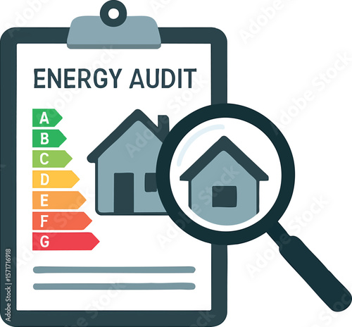 Flat vector energy audit scene with clipboard, magnifying glass and house diagram, isolated on white