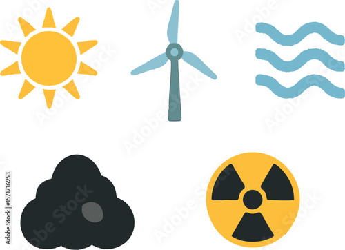 Flat vector energy mix infographic icon set: sun, wind, water, fossil, nuclear, isolated on white