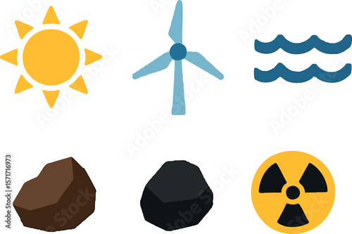 Flat vector energy mix infographic icon set: sun, wind, water, fossil, nuclear, isolated on white