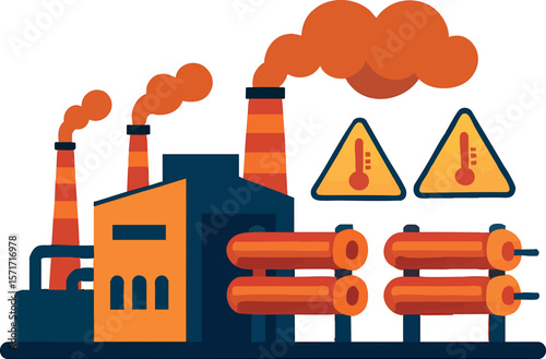 Flat vector energy-intensive factory with heat exchangers and thermal warning signs, isolated on white