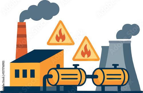Flat vector energy-intensive factory with heat exchangers and thermal warning signs, isolated on white