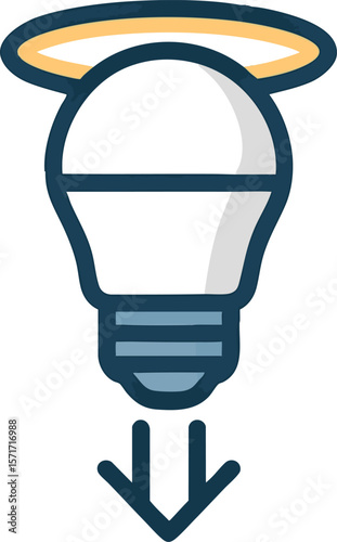 Flat vector energy-saving LED bulb with halo and downward arrow icon, isolated on white