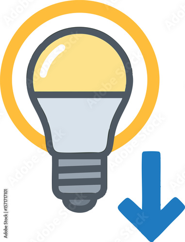 Flat vector energy-saving LED bulb with halo and downward arrow icon, isolated on white