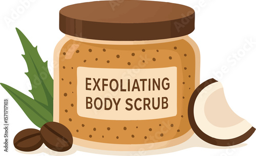 Flat vector exfoliating body scrub in round jar with natural ingredients shown, flat beauty product, isolated on white