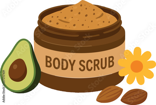 Flat vector exfoliating body scrub in round jar with natural ingredients shown, flat beauty product, isolated on white