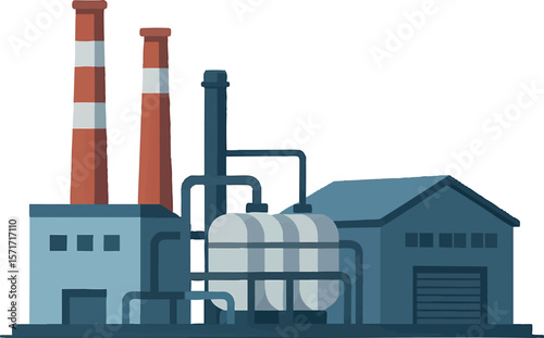 Flat vector exterior of large industrial factory with chimneys, warehouse and pipes, isolated on white