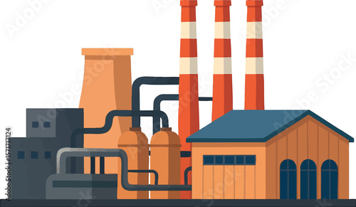 Flat vector exterior of large industrial factory with chimneys, warehouse and pipes, isolated on white