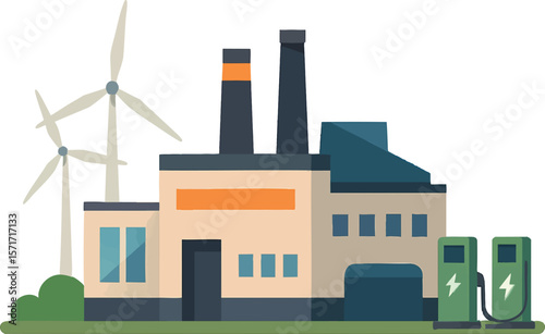 Flat vector factory with wind turbines and EV charging stations outside, sustainable setup, isolated on white