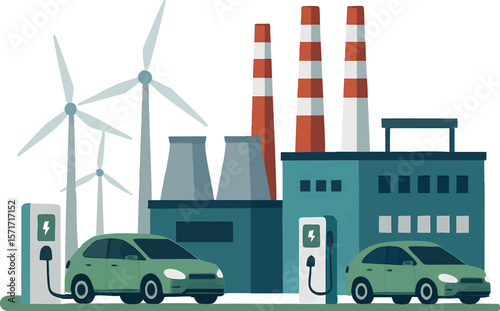 Flat vector factory with wind turbines and EV charging stations outside, sustainable setup, isolated on white