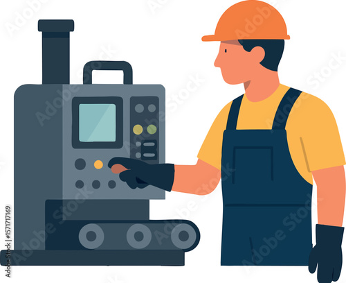 Flat vector factory worker operating industrial machine with control panel, isolated on white