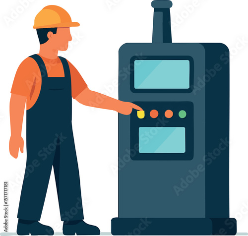 Flat vector factory worker operating industrial machine with control panel, isolated on white