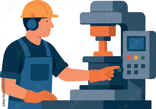 Flat vector factory worker operating industrial machine with control panel, isolated on white