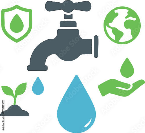 Flat vector faucet dripping water with eco-saving icons around, water conservation concept, isolated on white