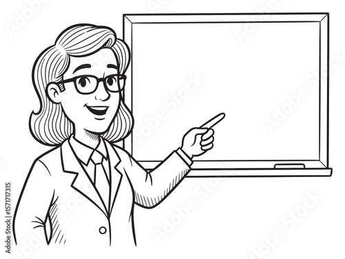 Cartoon Teacher Pointing at a Blank Whiteboard in Black and White Illustration